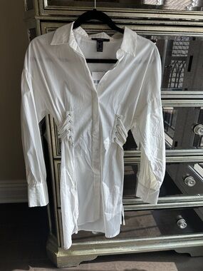 Forever 21 White Button-Up Shirt Dress with Side Lace-Up Detail